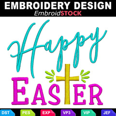 Happy Easter Embroidery Design with Christian Cross