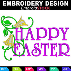 Happy Easter text with Curly Lilies Embroidery Design file.