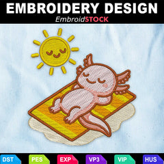 Cute Axolotl Relaxing by the Sun Embroidery Design
