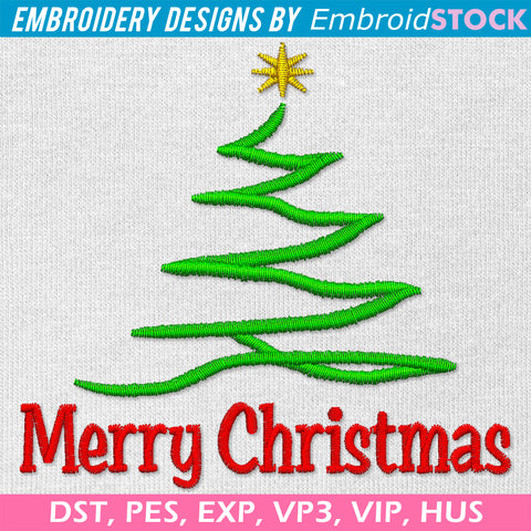 Christmas Tree Ribbon Line art Embroidery Design