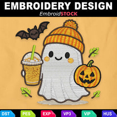 Cute Ghost Pumpkin Spice Latte Embroidery Design