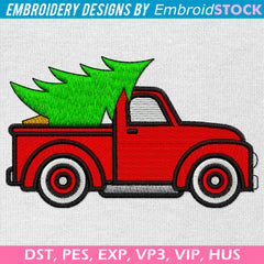 Red Farm Truck with Christmas Tree on Back Embroidery Design