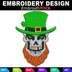 This is a digital design of a leprechaun skull with a green hat and orange beard embroidery design